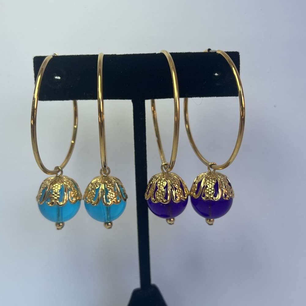 VTG 80's Lucite Style Hoop Earrings Set Purple Turquoise Blue Dangle 2 Pairs